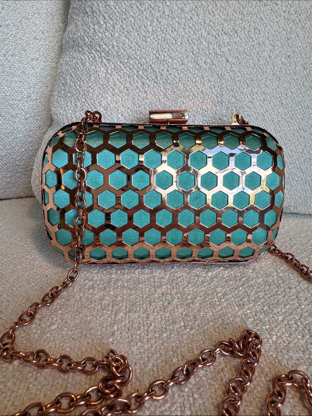 Teal Honeycomb Metallic Clutch with Rose Gold Chain